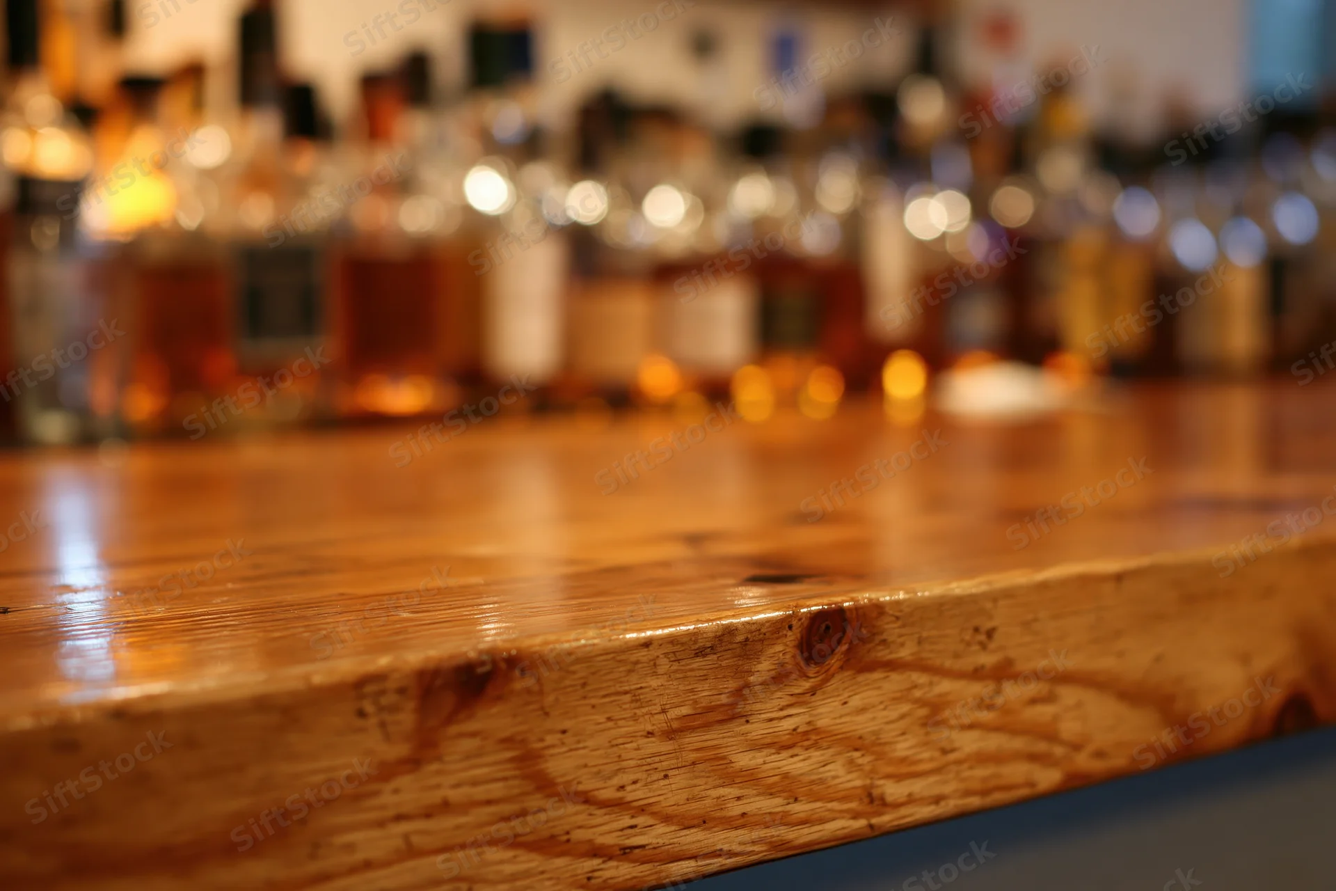 Wooden bar counter with blurred bottles in background