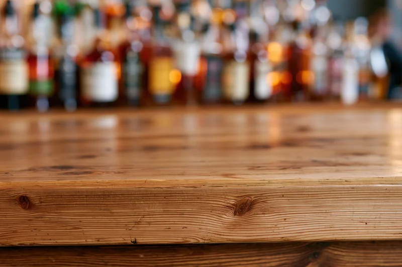 Wooden bar counter with blurred bottles in background