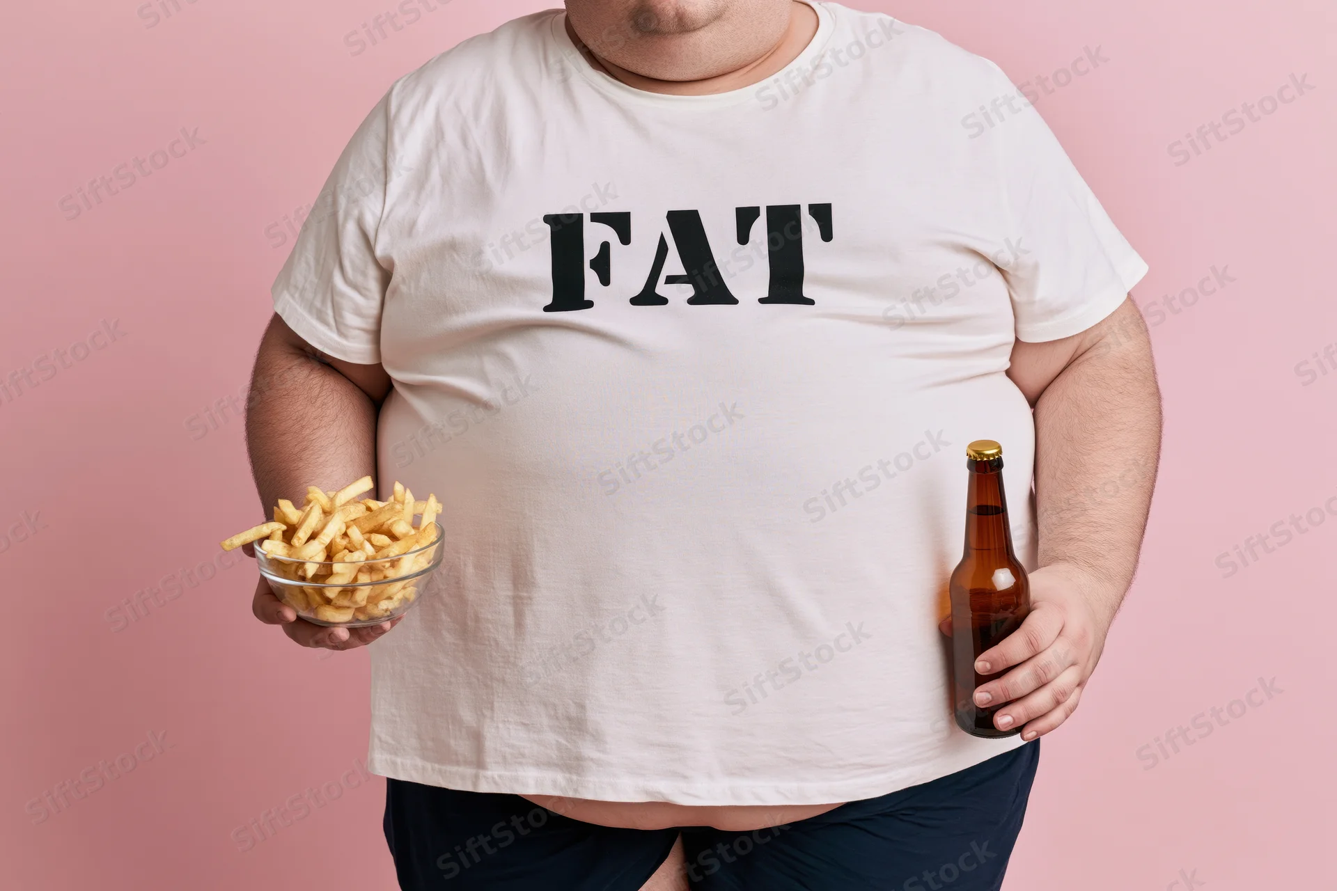 Man with large belly wearing white tshirt printed with fat holding beer bottle and bowl of fries against pink background