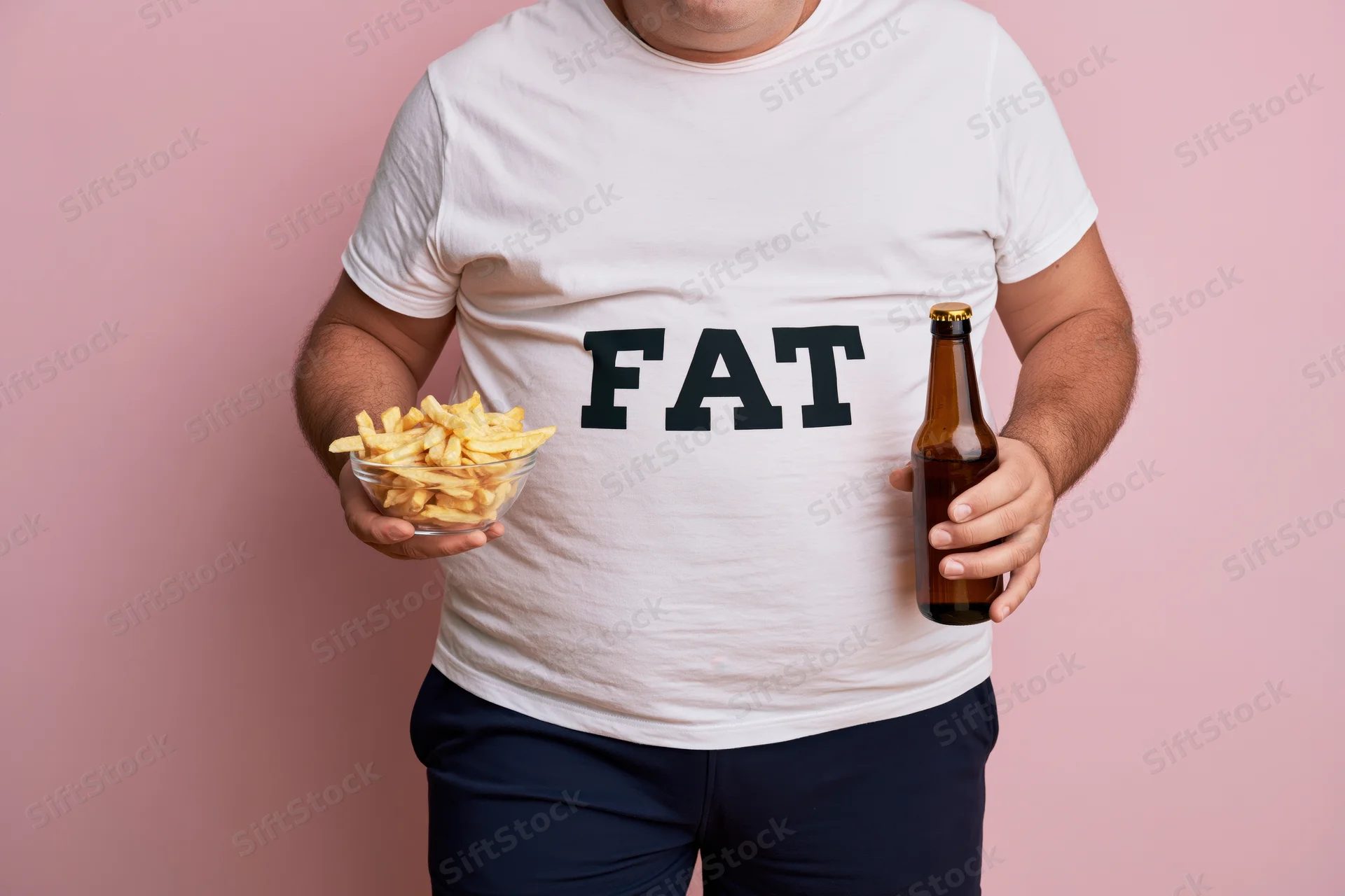 Man with belly wearing white tshirt printed with fat holding beer bottle and bowl of fries against pink background