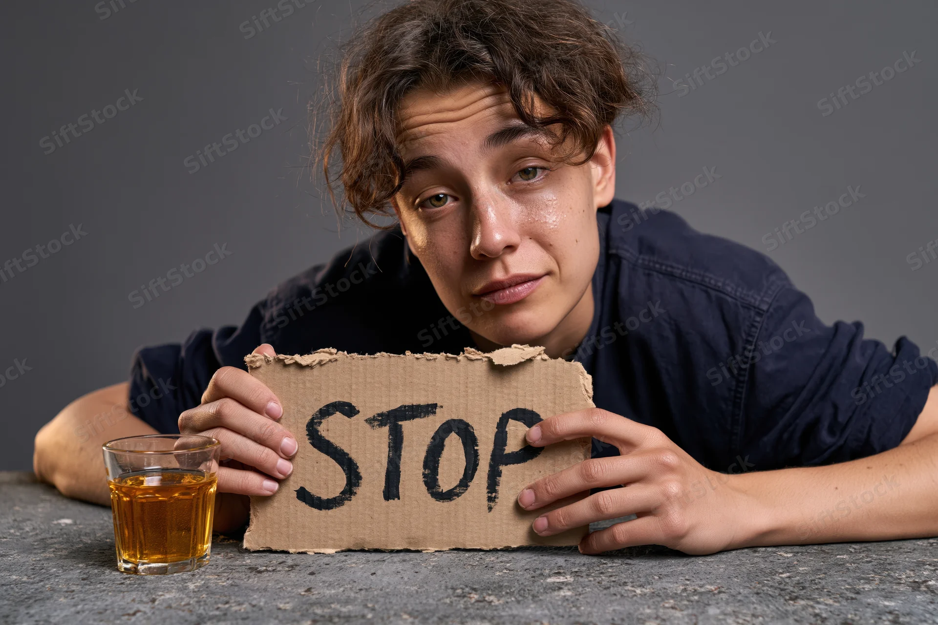 Man holding a cardboard sign reading stop next to a glass of whiskey on a gray table