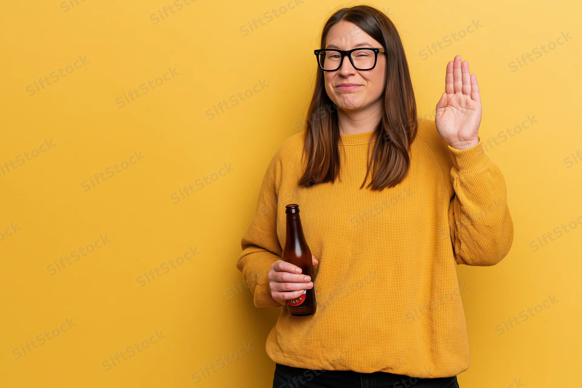 Woman holding beer bottle and raising hand in refusal against yellow background