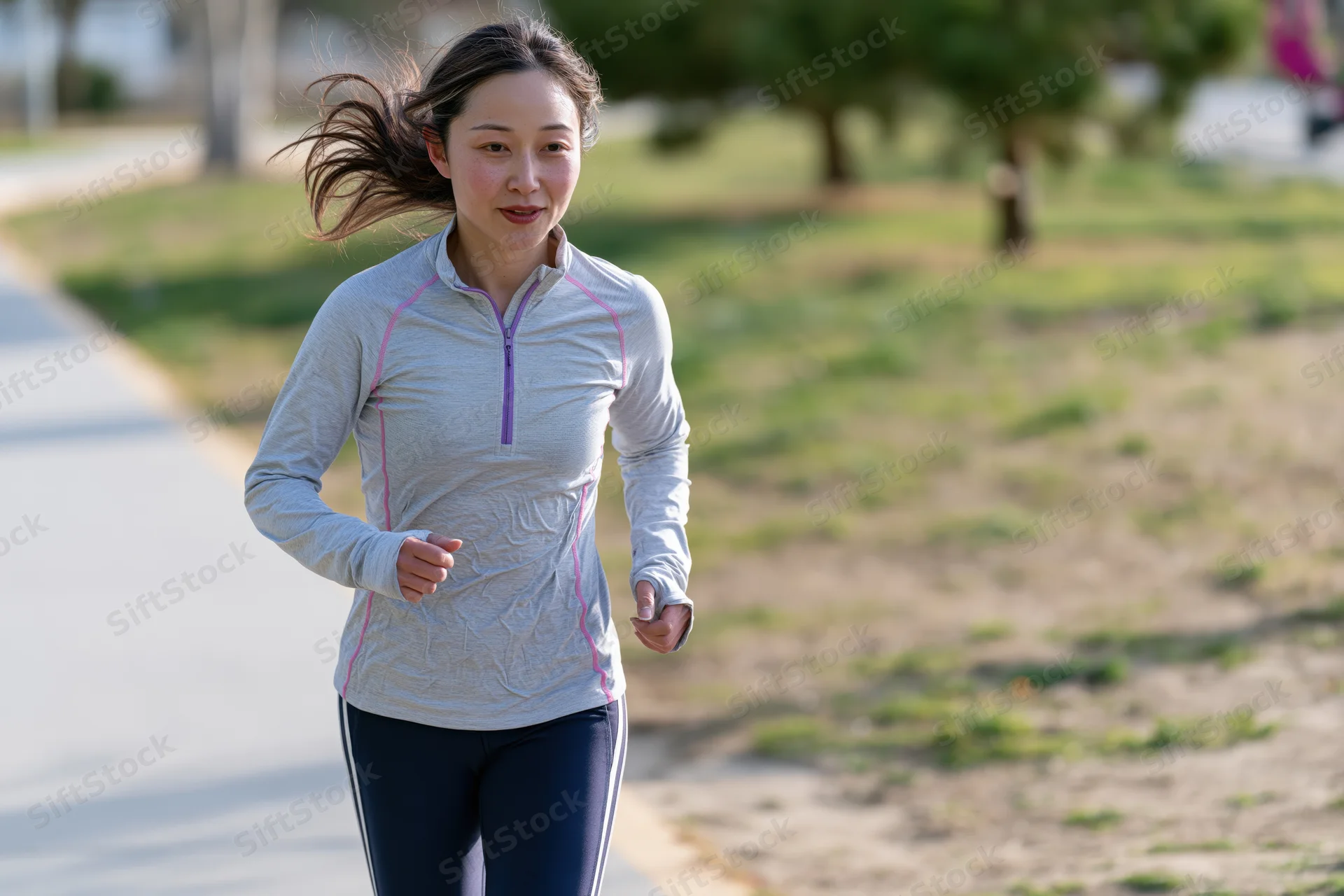 Asian woman running on a paved path in a park during daylight
