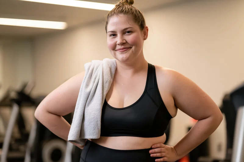 Woman with towel on shoulder standing in gym with hands on hips smiling