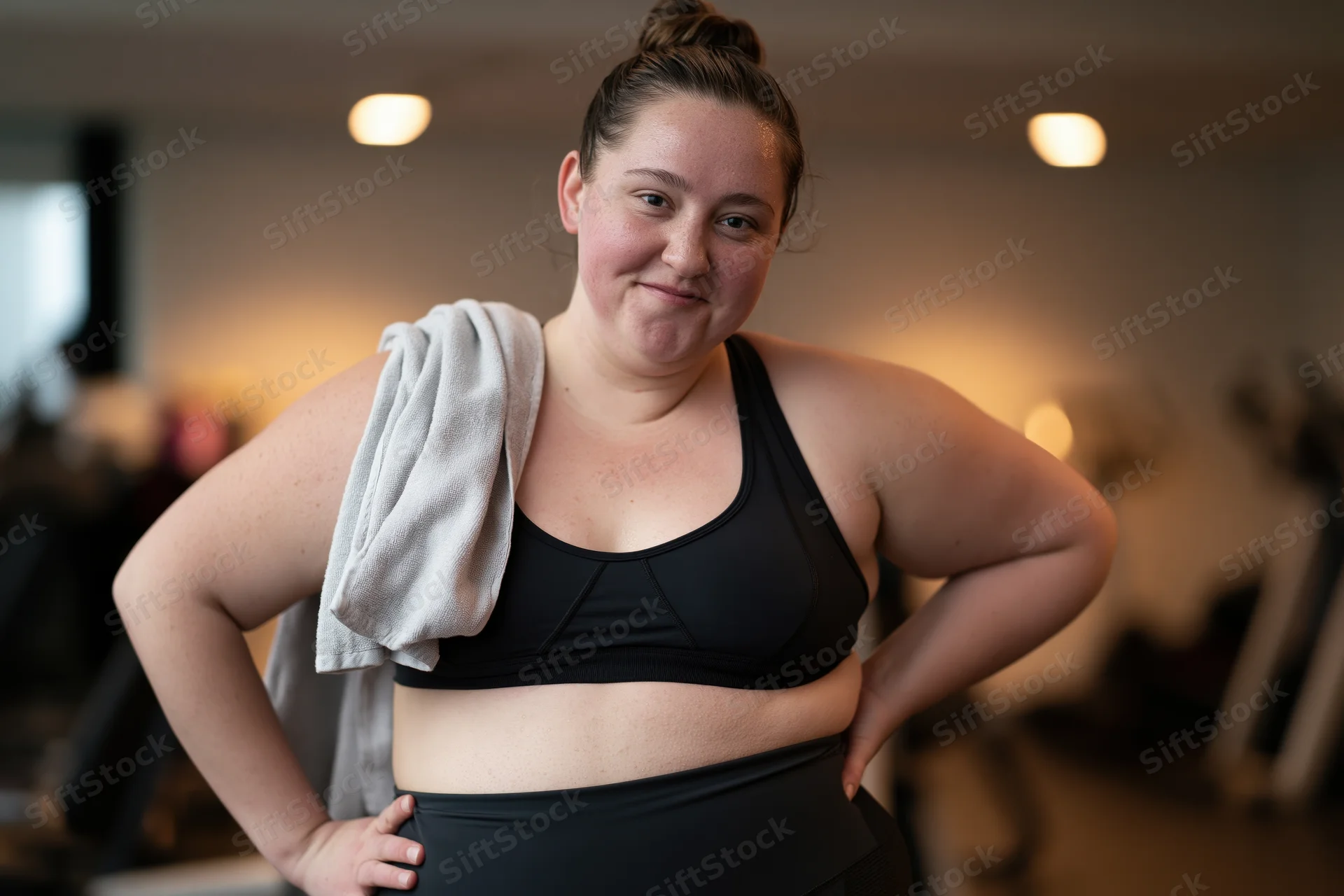 Woman in black sportswear with towel over shoulder standing confidently in gym with hands on hips