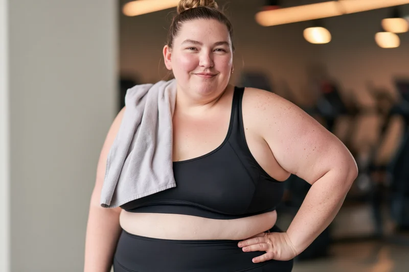 Plus size woman smiling with towel on shoulder in gym wearing black sportswear