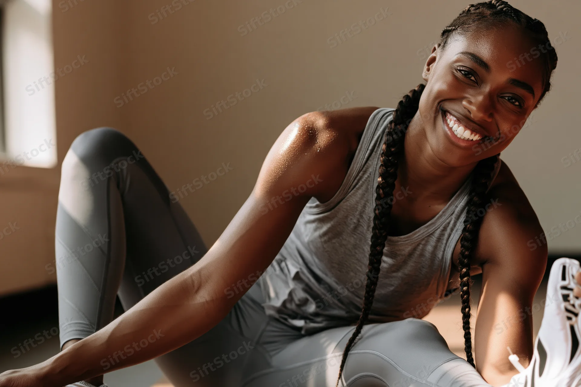 Smiling woman sitting on floor after workout in gym