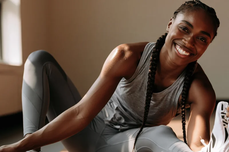 Smiling woman sitting on floor after workout in gym