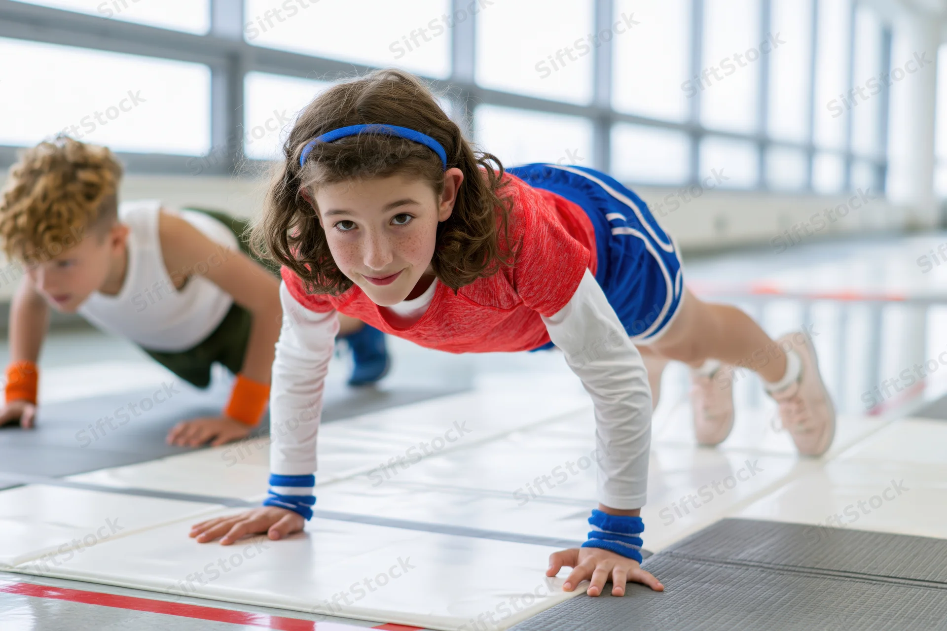 Girl doing push-up on mat in gym with boy behind her