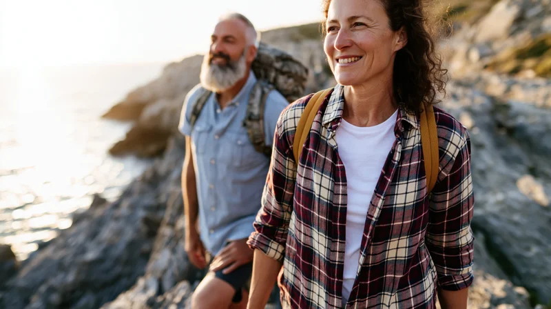 Woman and man hiking along coastal cliff trail with backpacks, smiling at sunset