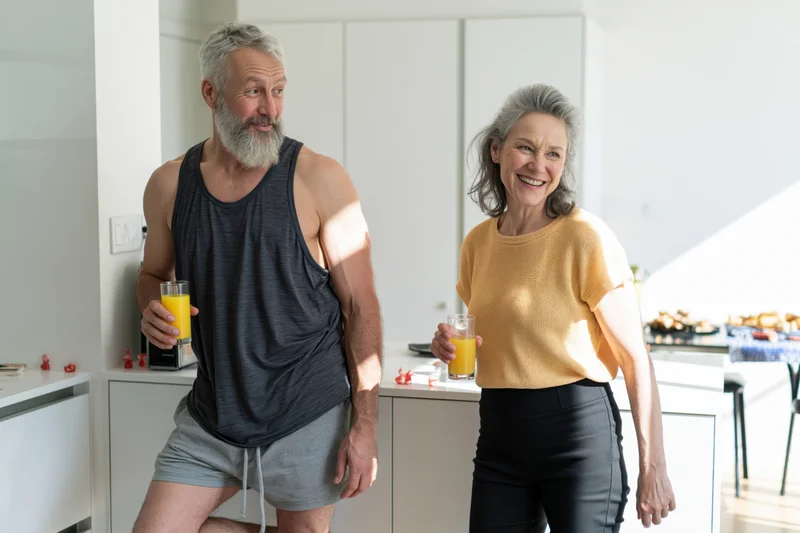Senior couple smiling while holding glasses of orange juice in a bright modern kitchen
