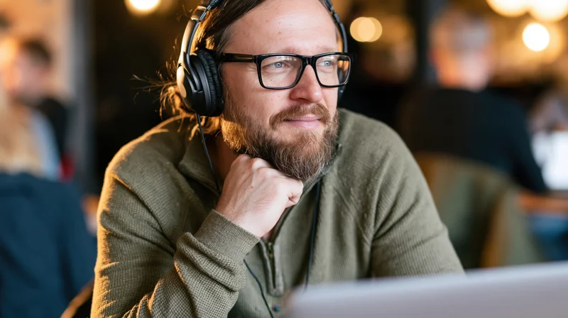 Bearded man wearing glasses and headphones focused on laptop in office cafe setting