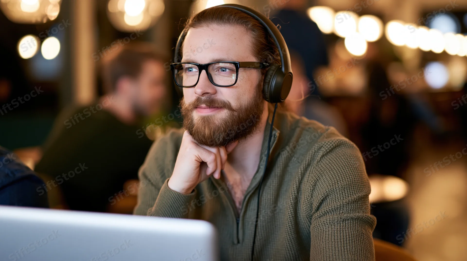 Bearded man wearing glasses and headphones, focused on laptop in office cafe setting