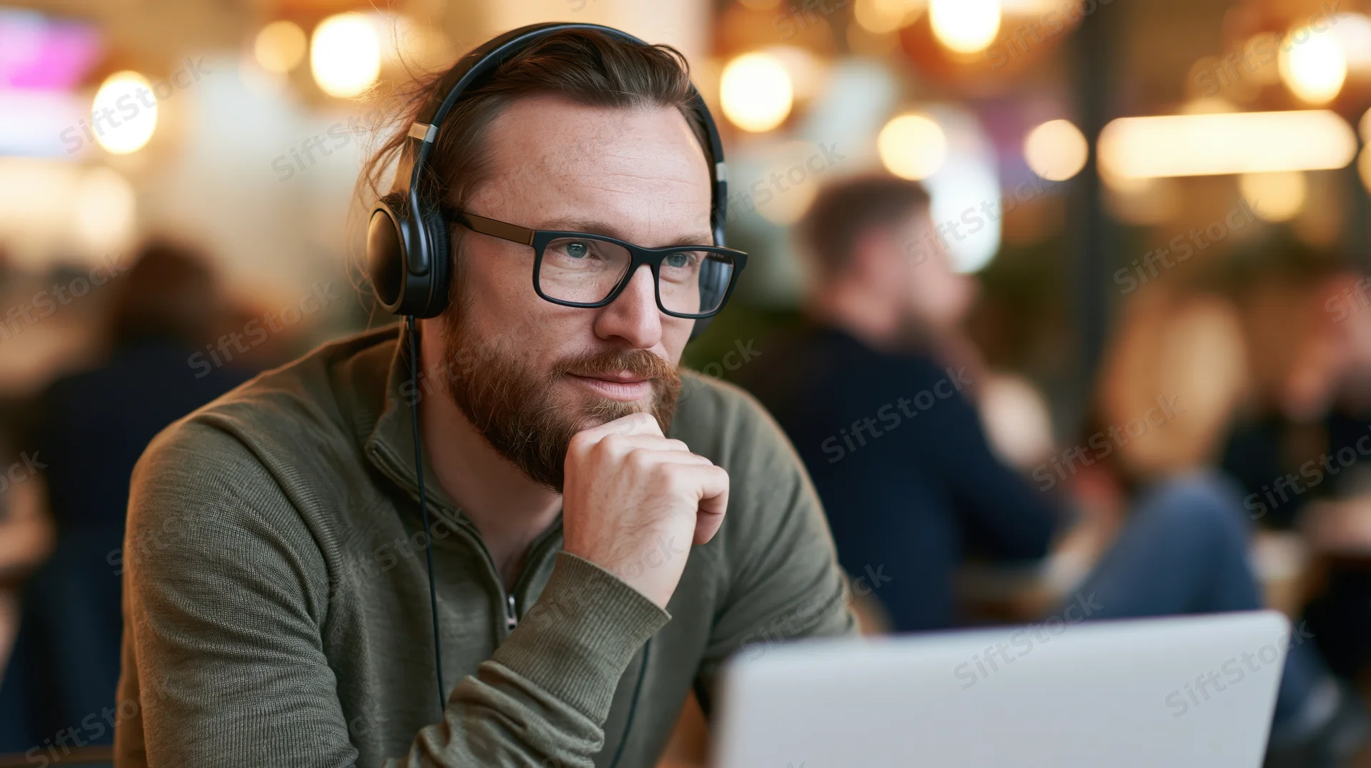 Bearded man wearing glasses and headphones focused on laptop in cafe office setting