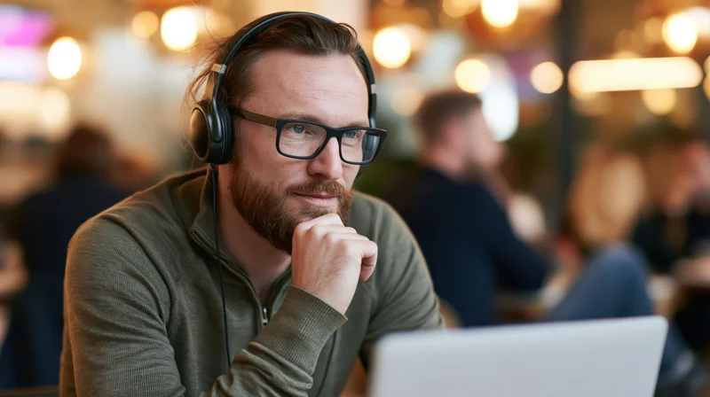 Bearded man wearing glasses and headphones focused on laptop in cafe office setting
