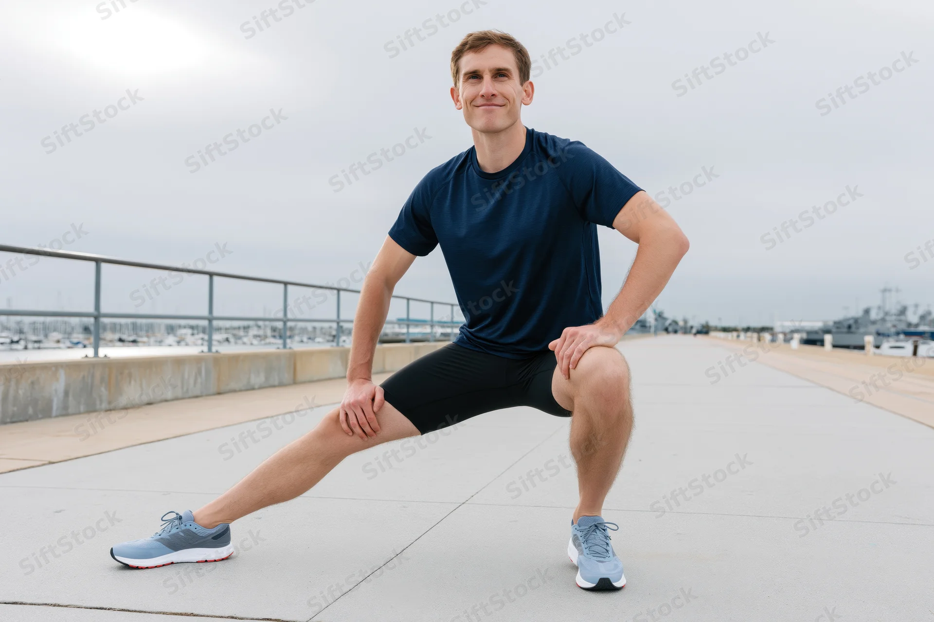 Man stretching in athletic wear on a concrete promenade by the waterfront