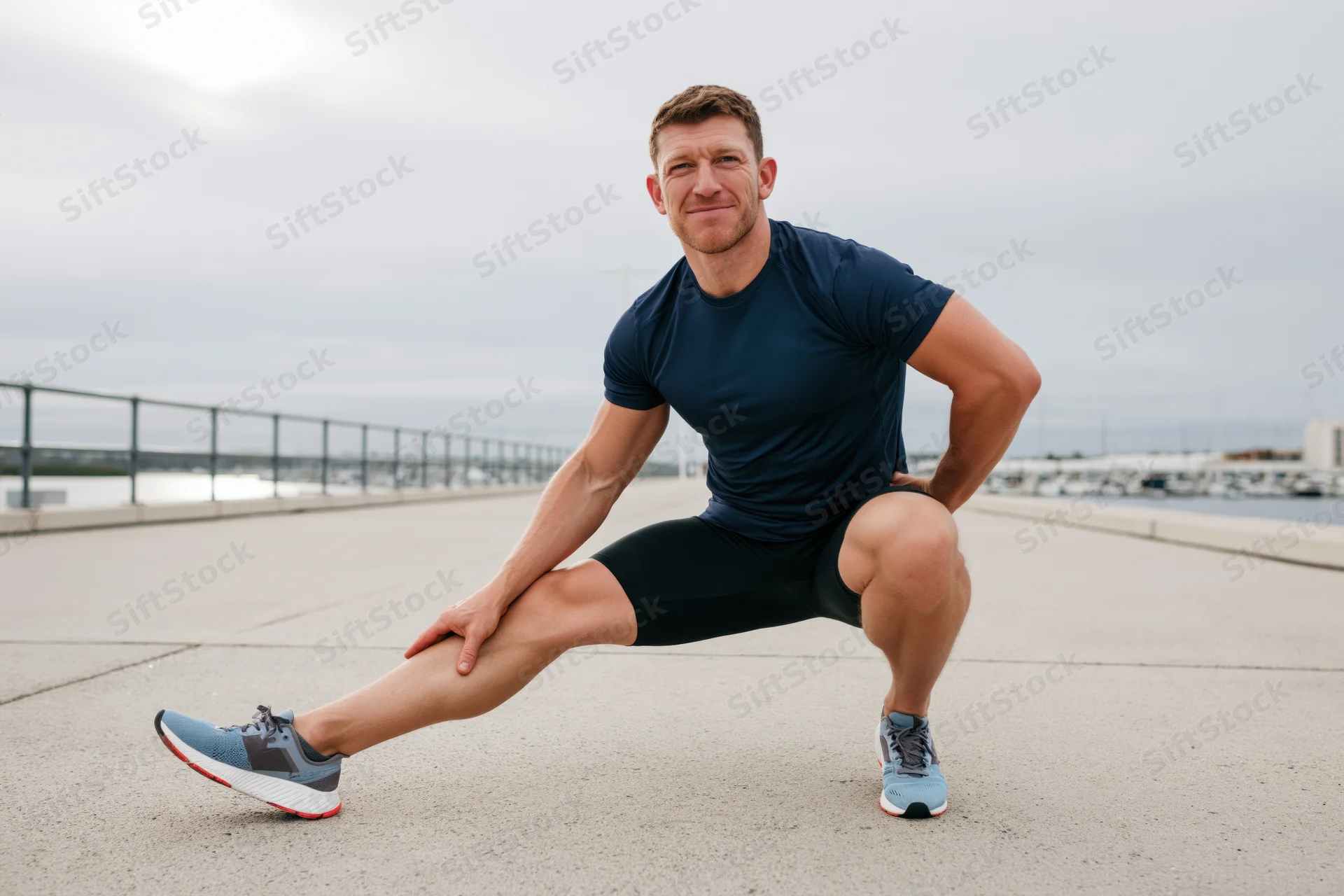 Man stretching on concrete promenade by waterfront