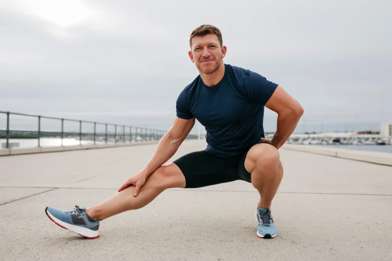 Man stretching on concrete promenade by waterfront