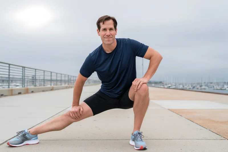 Man stretching his leg on a concrete promenade by the harbor