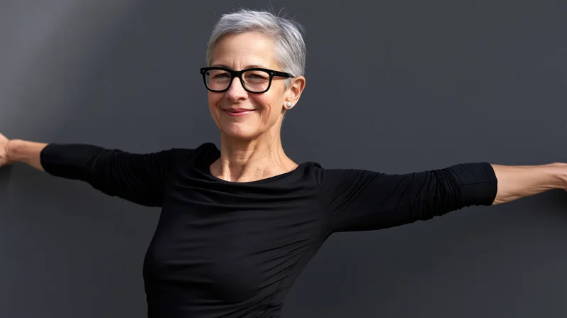 Senior woman smiling with arms outstretched against gray wall
