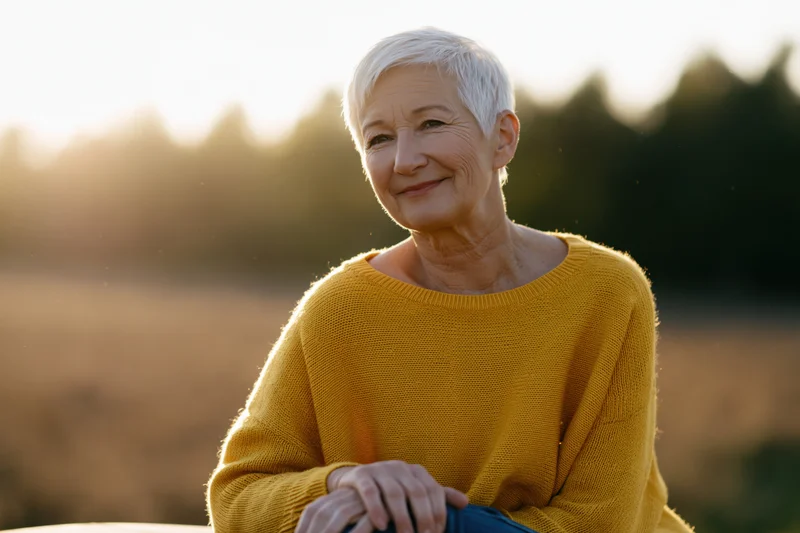 Senior woman smiling outdoors in a field at golden hour wearing a yellow sweater