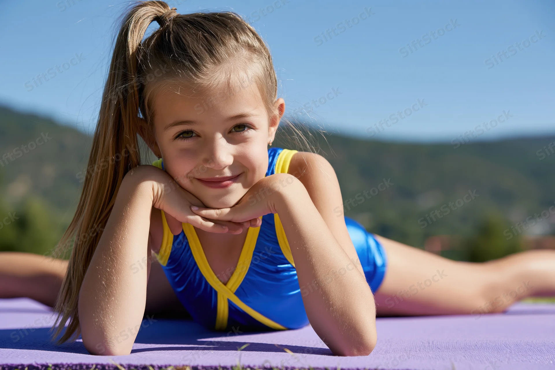 Young girl doing a full split on a purple yoga mat outdoors smiling at the camera
