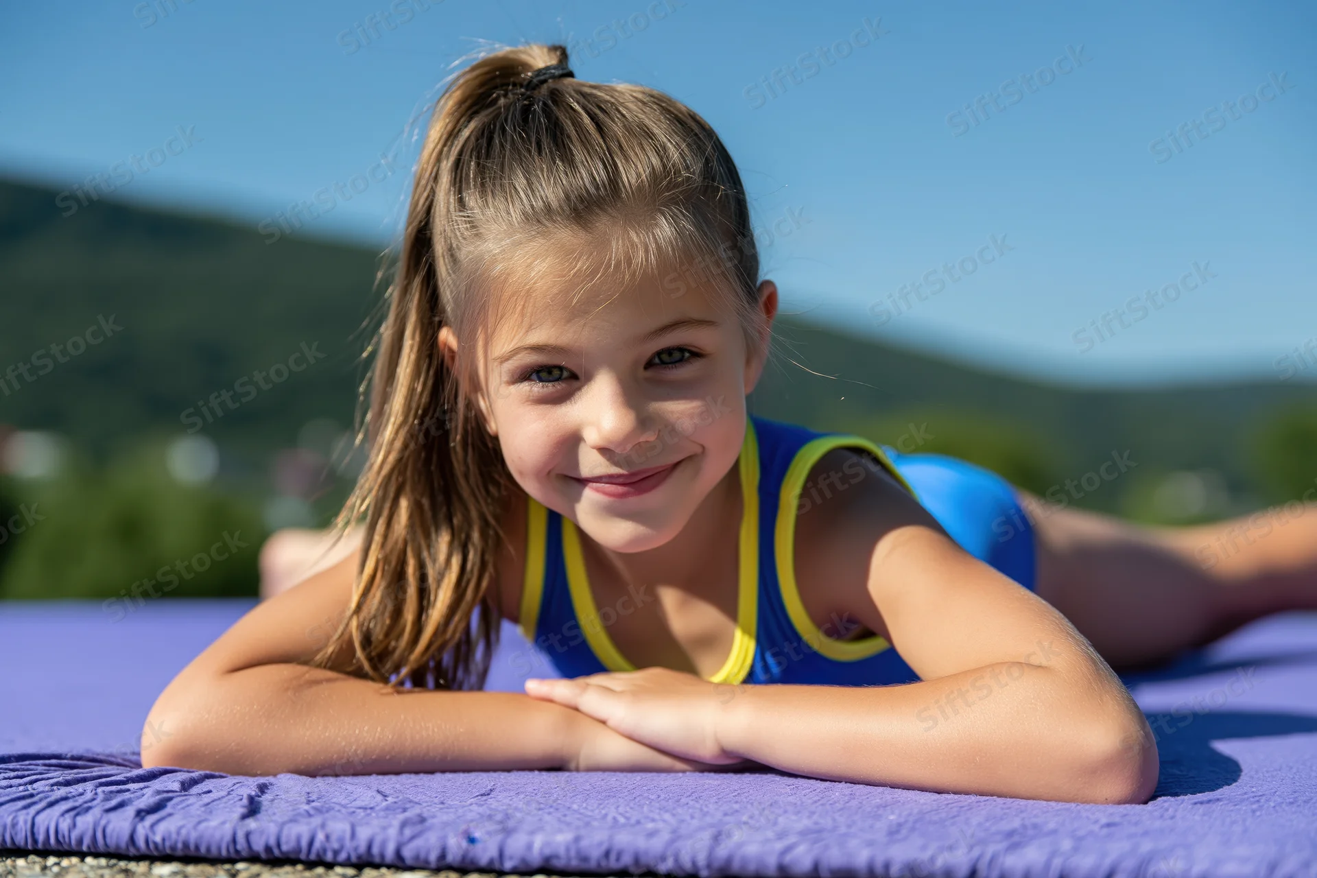 Young girl lying on a purple yoga mat outdoors smiling at the camera
