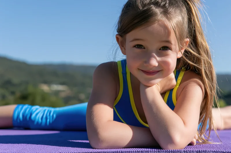 Young girl smiling while lying on a purple yoga mat outdoors with mountains in the background