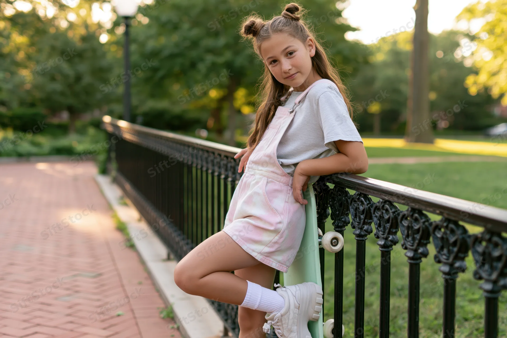 Young girl leaning on black wrought iron railing with skateboard in park during daytime