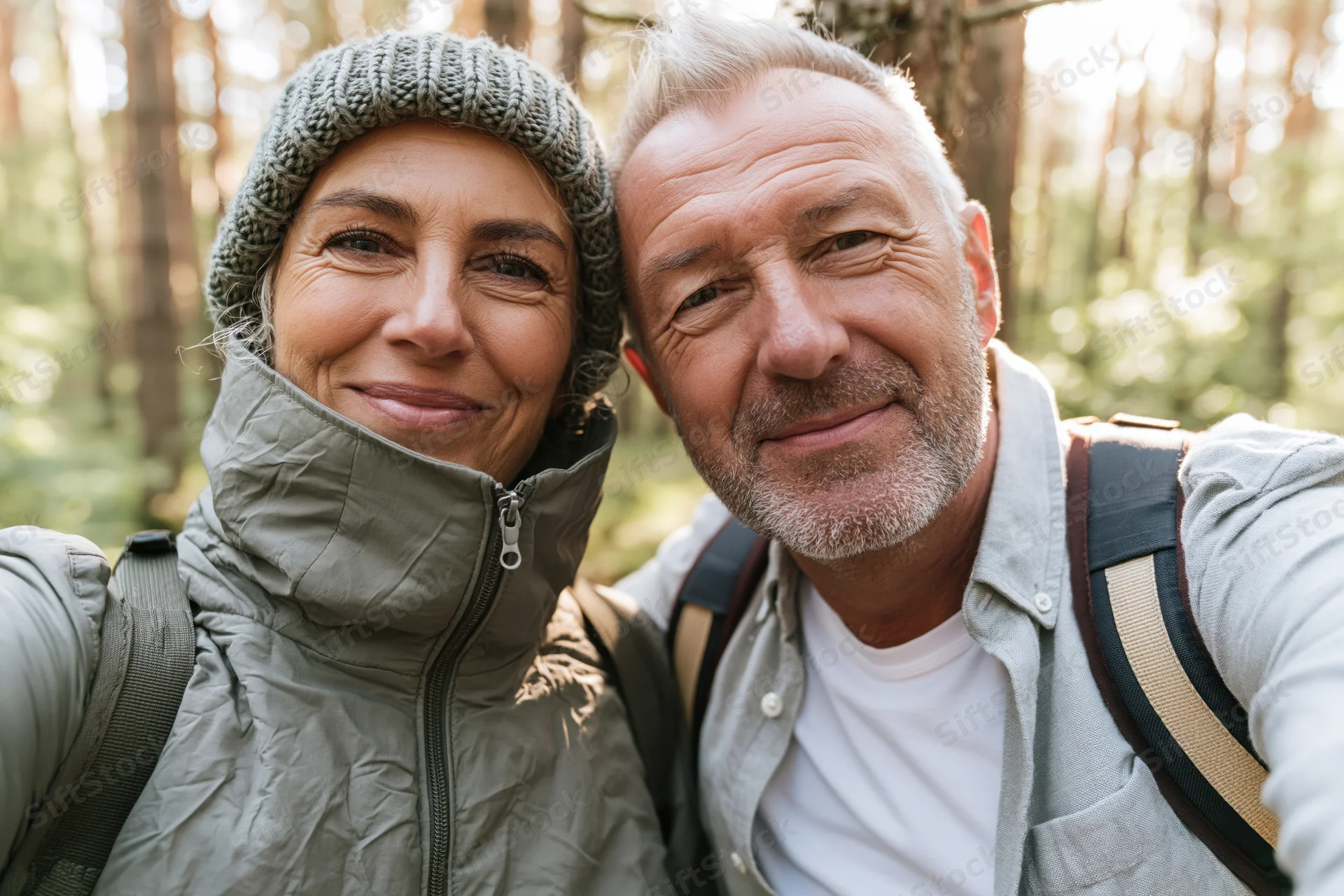 Mature couple taking a selfie in a pine forest while hiking