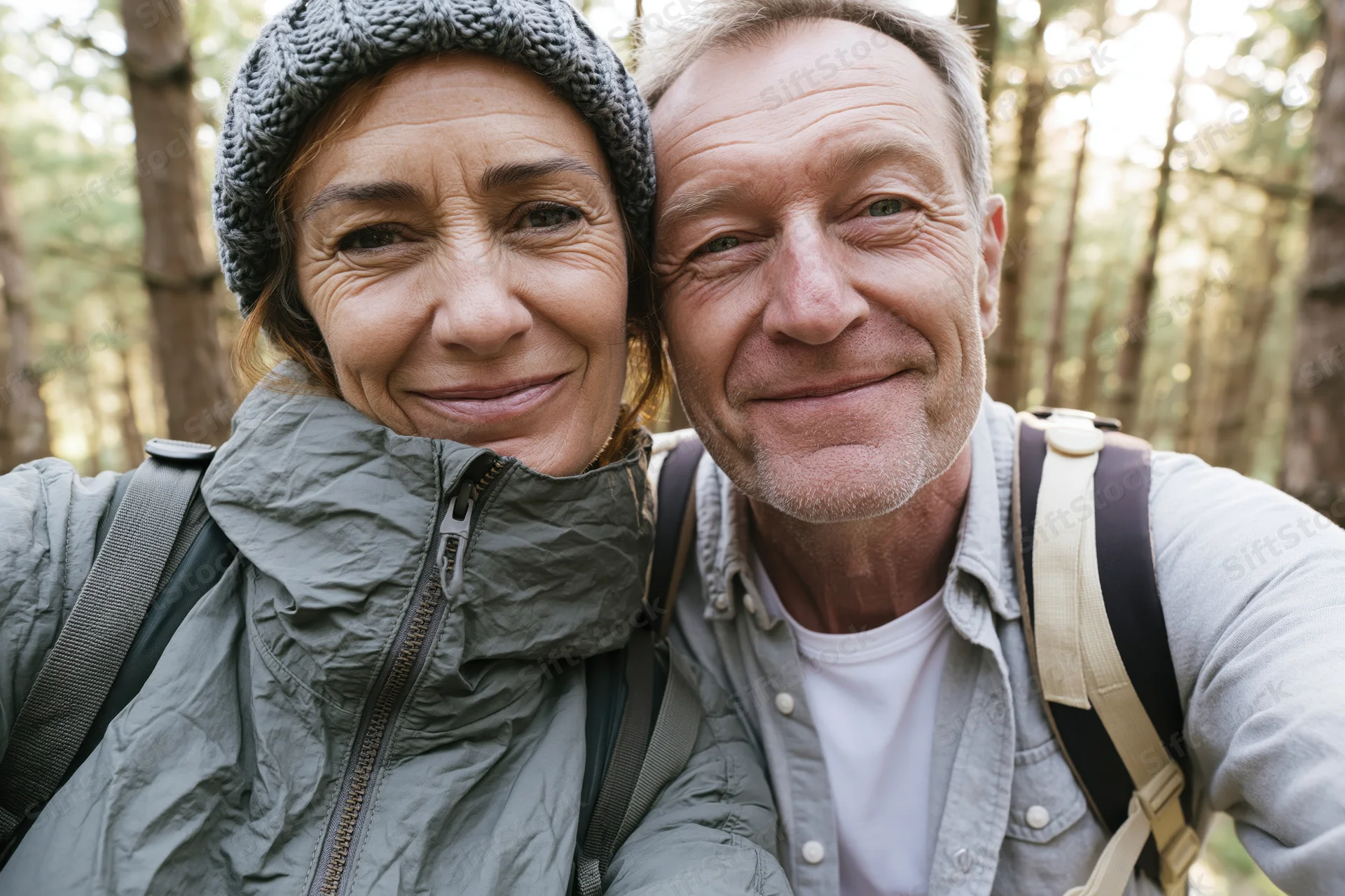 Senior couple smiling in a closeup selfie while hiking in a pine forest