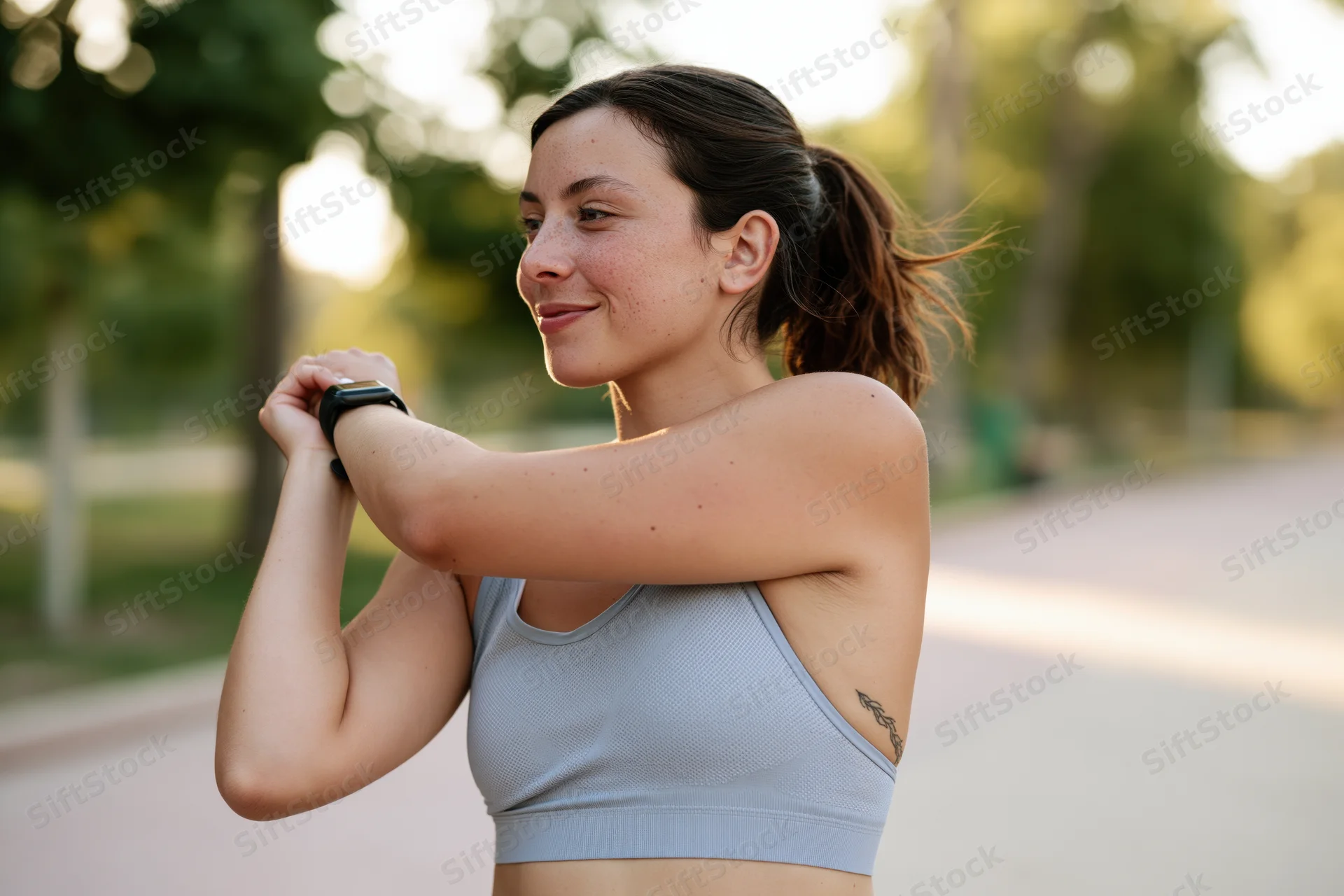 Young woman stretching her arm while checking smartwatch in a park