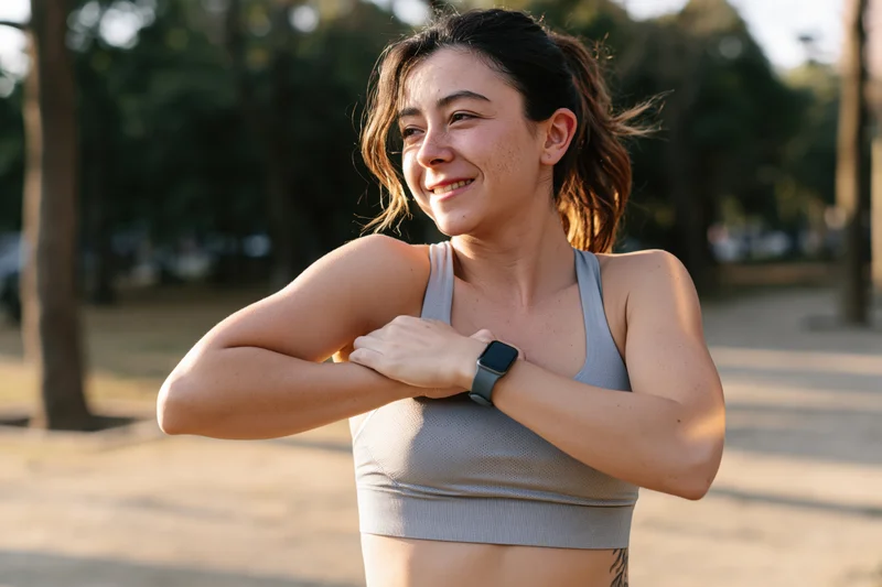 Young woman stretching her shoulder in a park during daylight