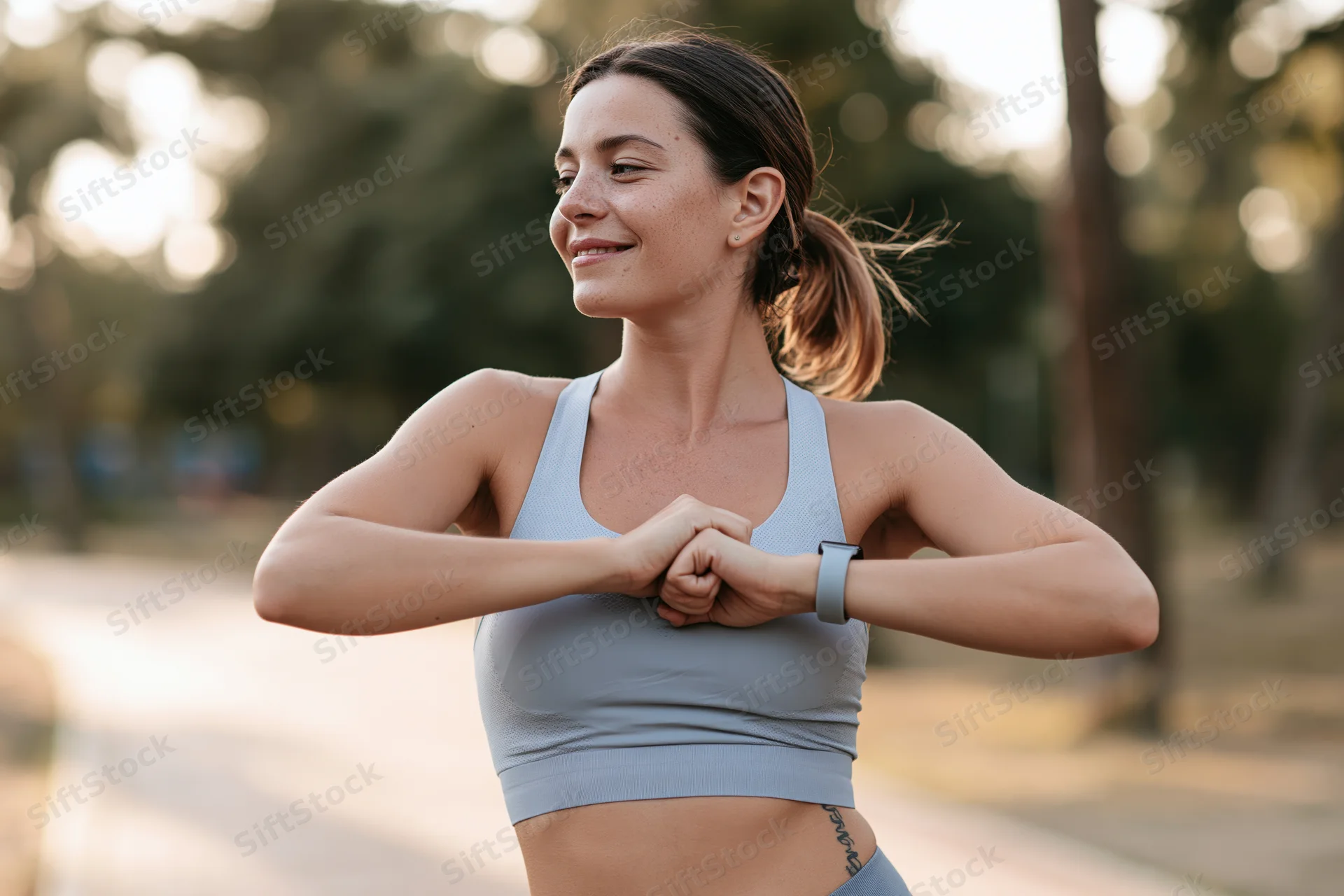 Young woman stretching arms while warming up in a park