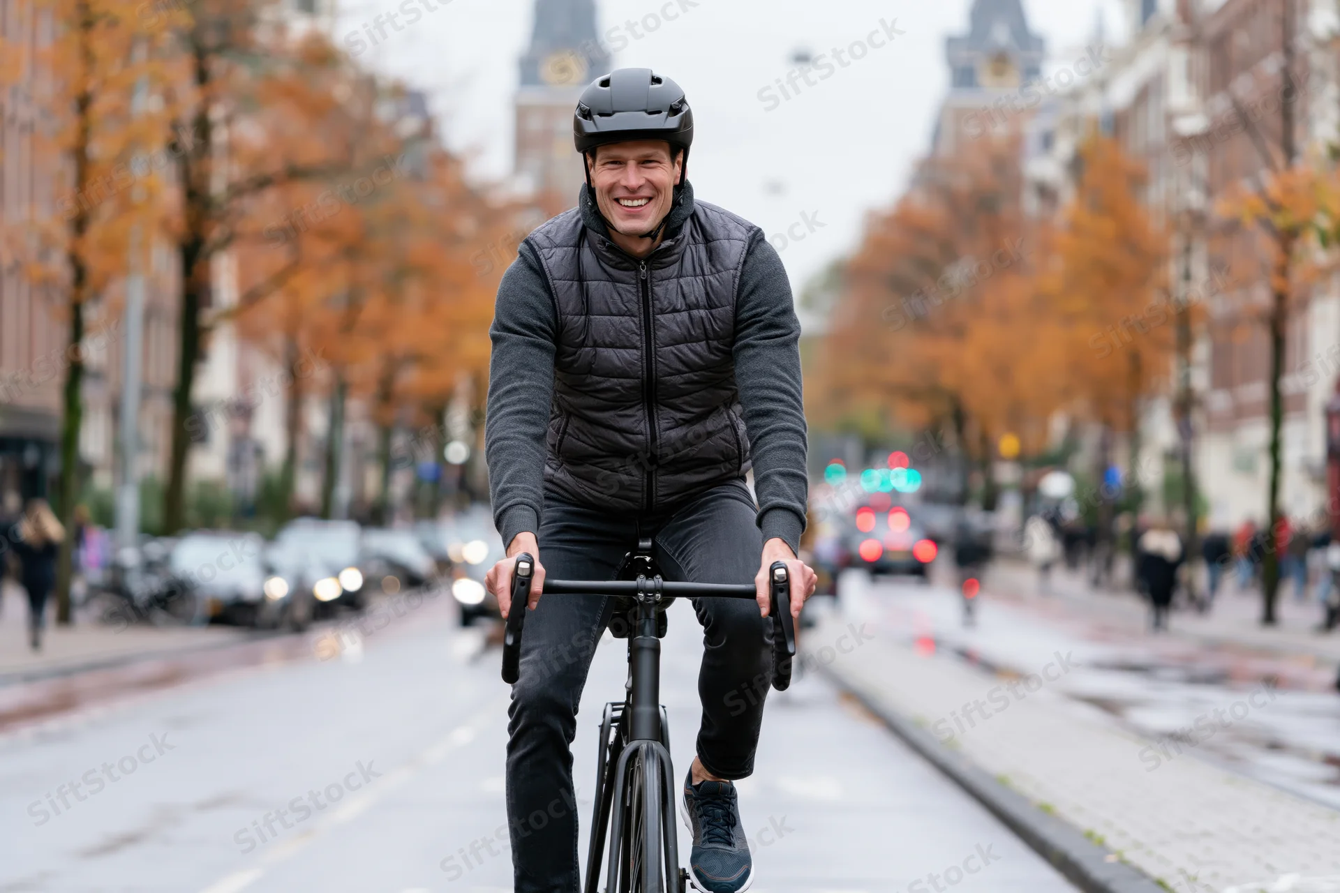 Smiling man riding bicycle toward camera on city street in autumn