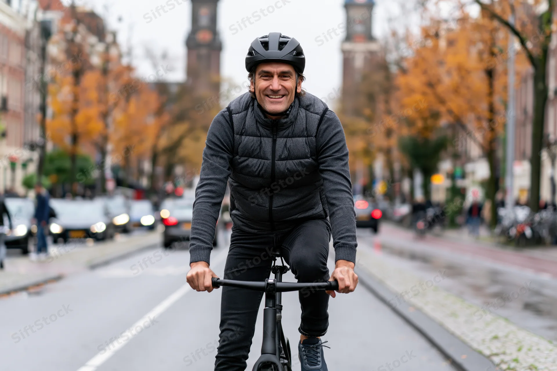 Smiling man riding bicycle toward camera on city street in autumn