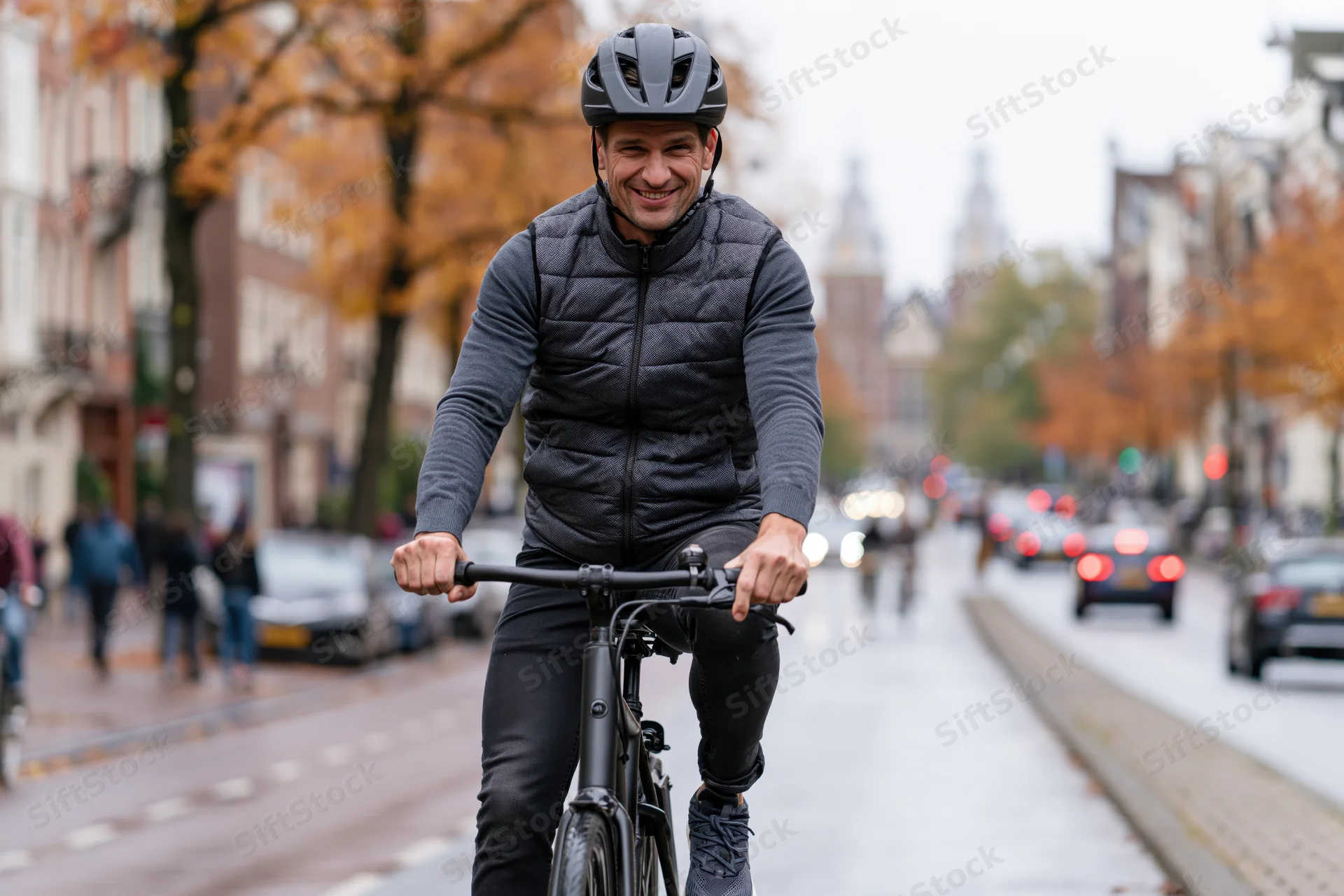 Smiling man riding bicycle toward camera on city street in autumn