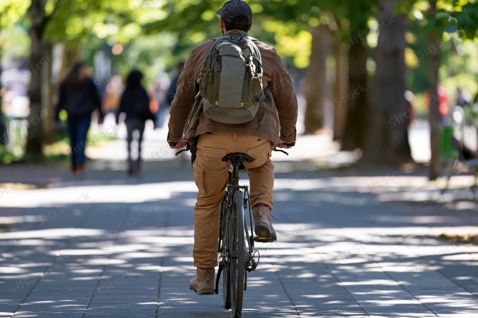 Man riding bicycle on tree-lined city sidewalk viewed from behind