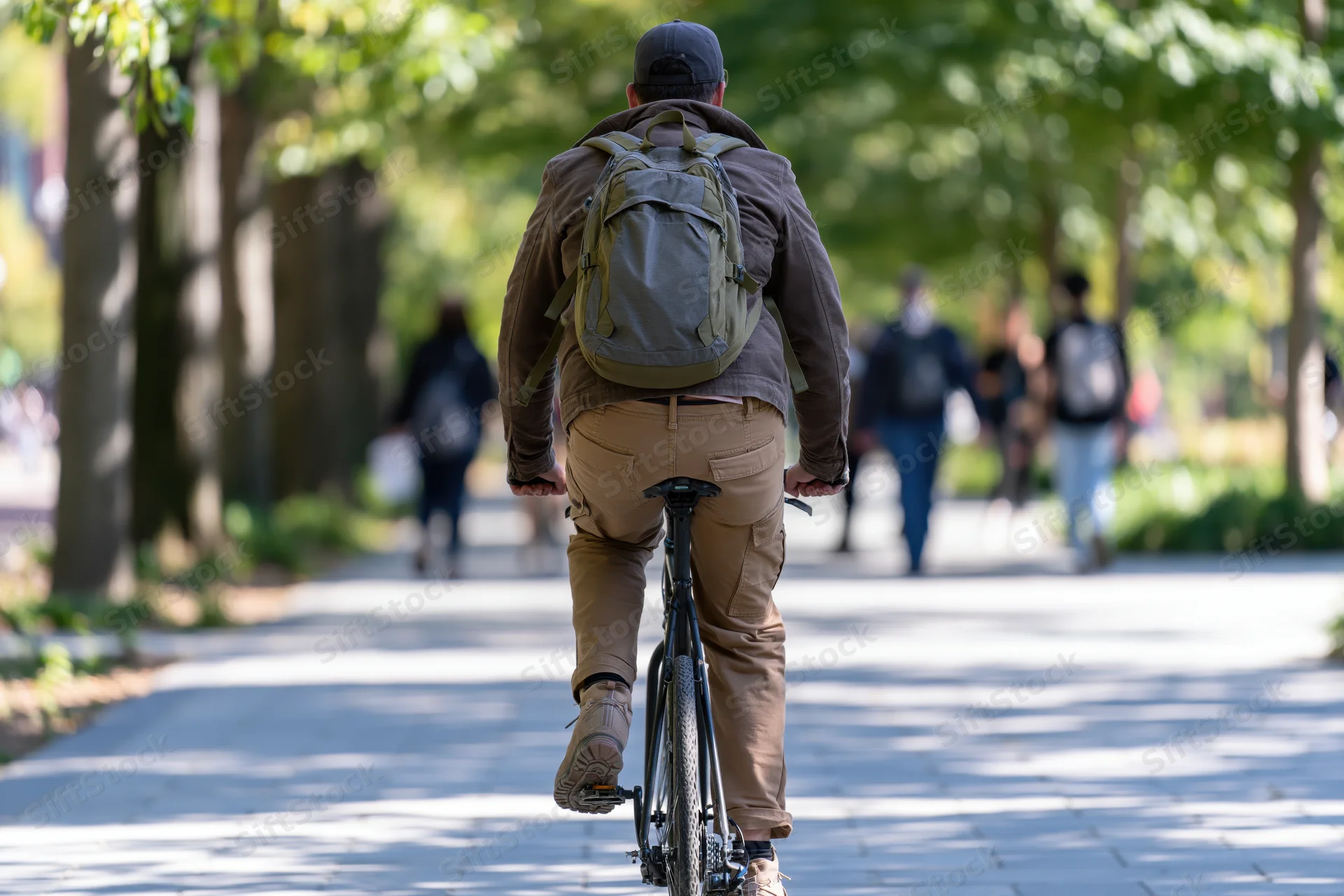 Man riding bicycle on paved park pathway lined with trees, viewed from behind