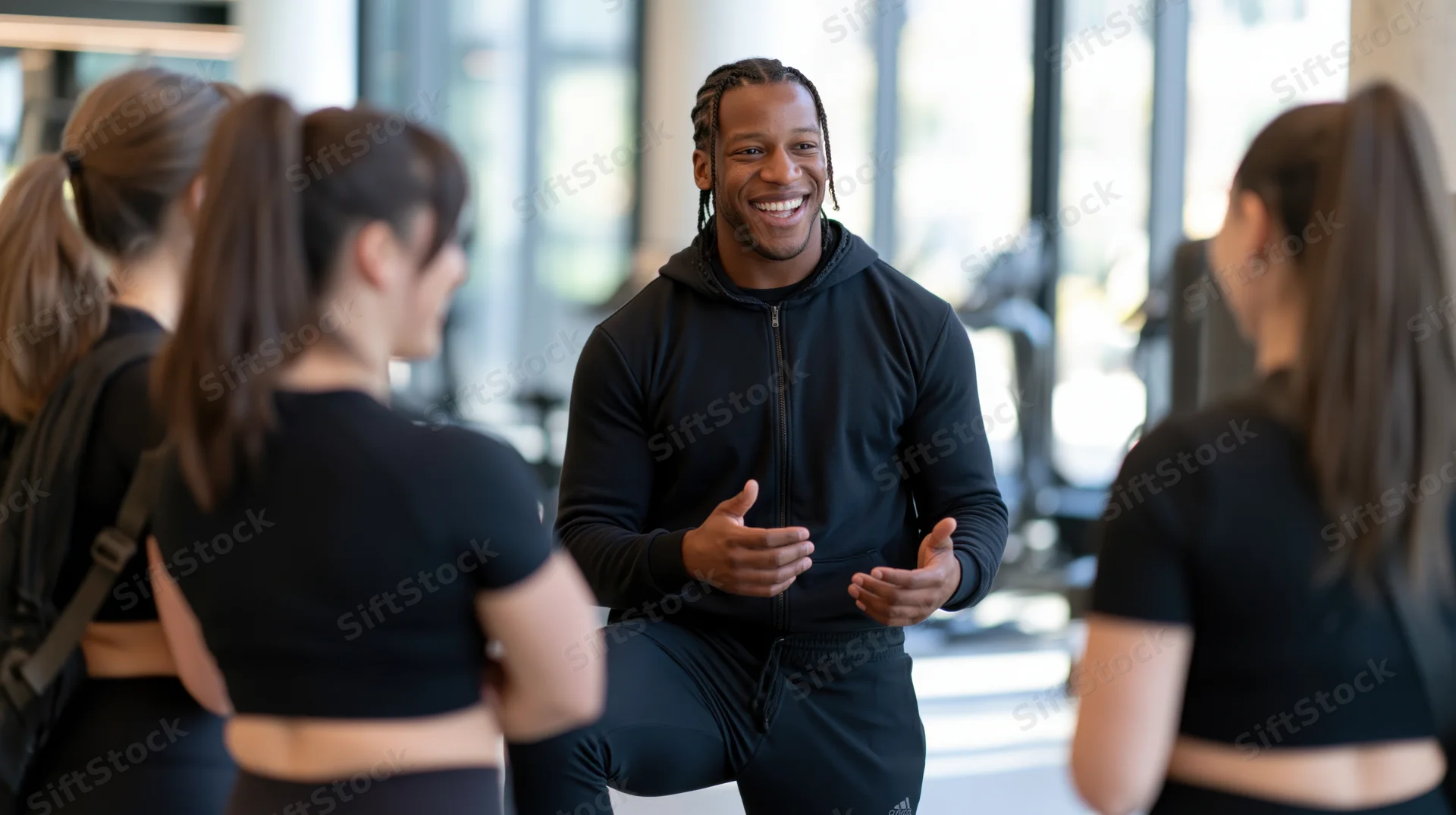 Smiling black man instructing a group of women in a gym class
