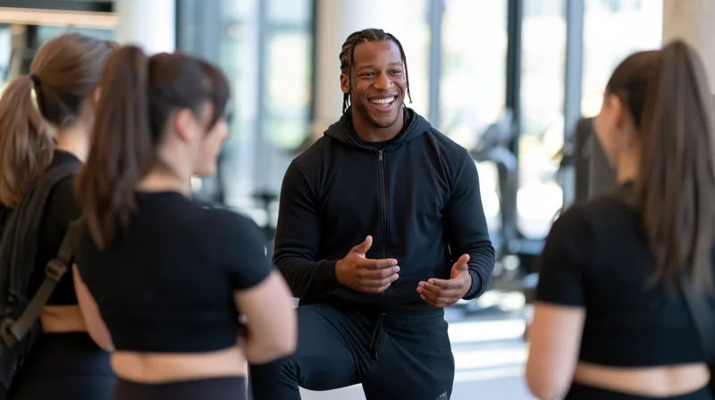 Smiling black man instructing a group of women in a gym class
