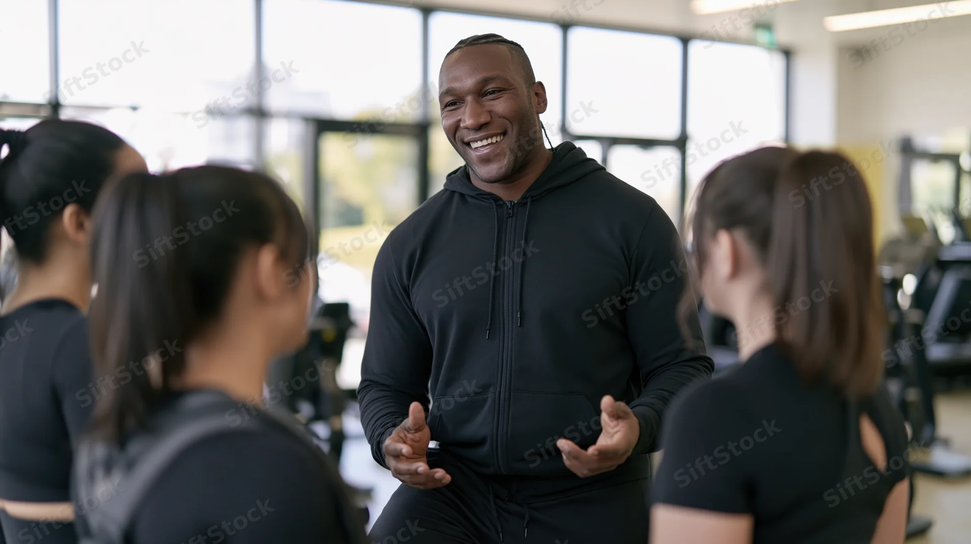 Smiling black man instructing a group of women in a gym class