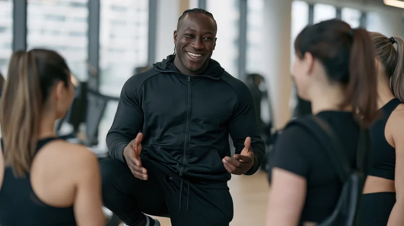 Smiling black man in black athletic wear leading a group fitness class in a gym