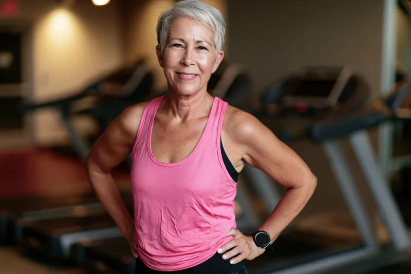 Senior woman smiling with hands on hips in gym interior