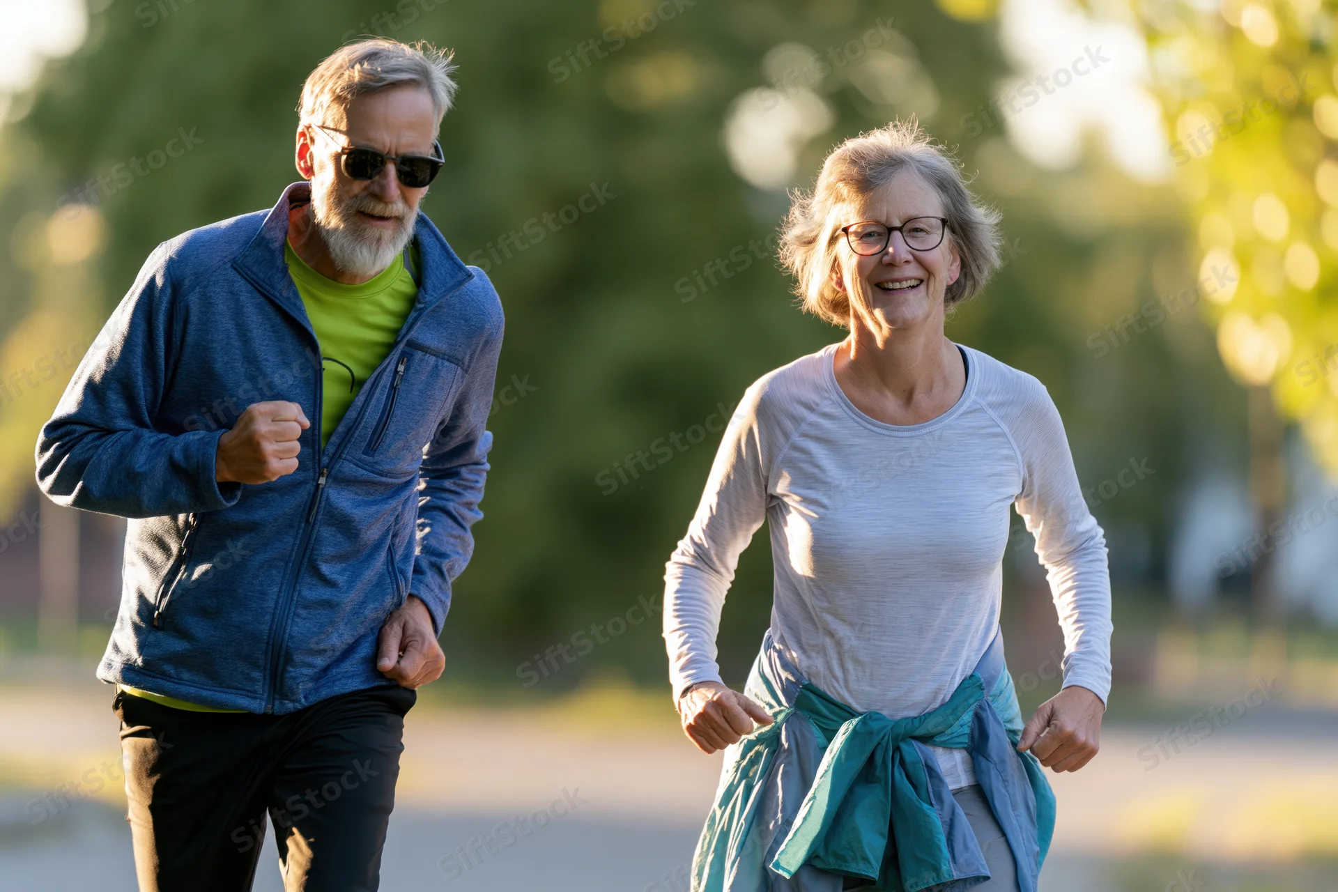 Older couple running outdoors on a paved path in a park during daylight