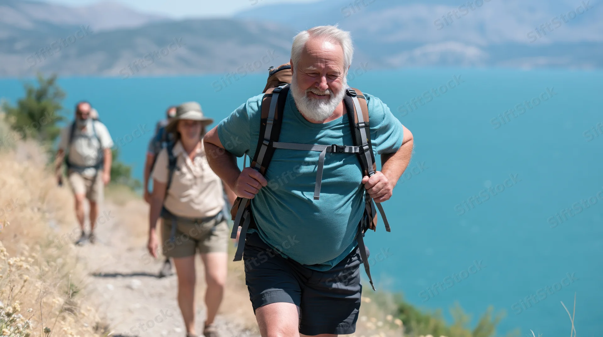 Senior man hiking with backpack on mountain trail beside lake with group behind