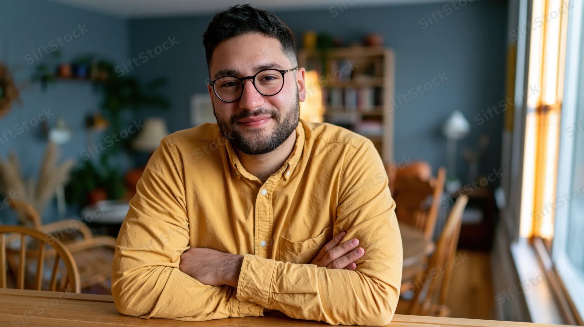 Man with arms crossed smiling at camera in home office setting
