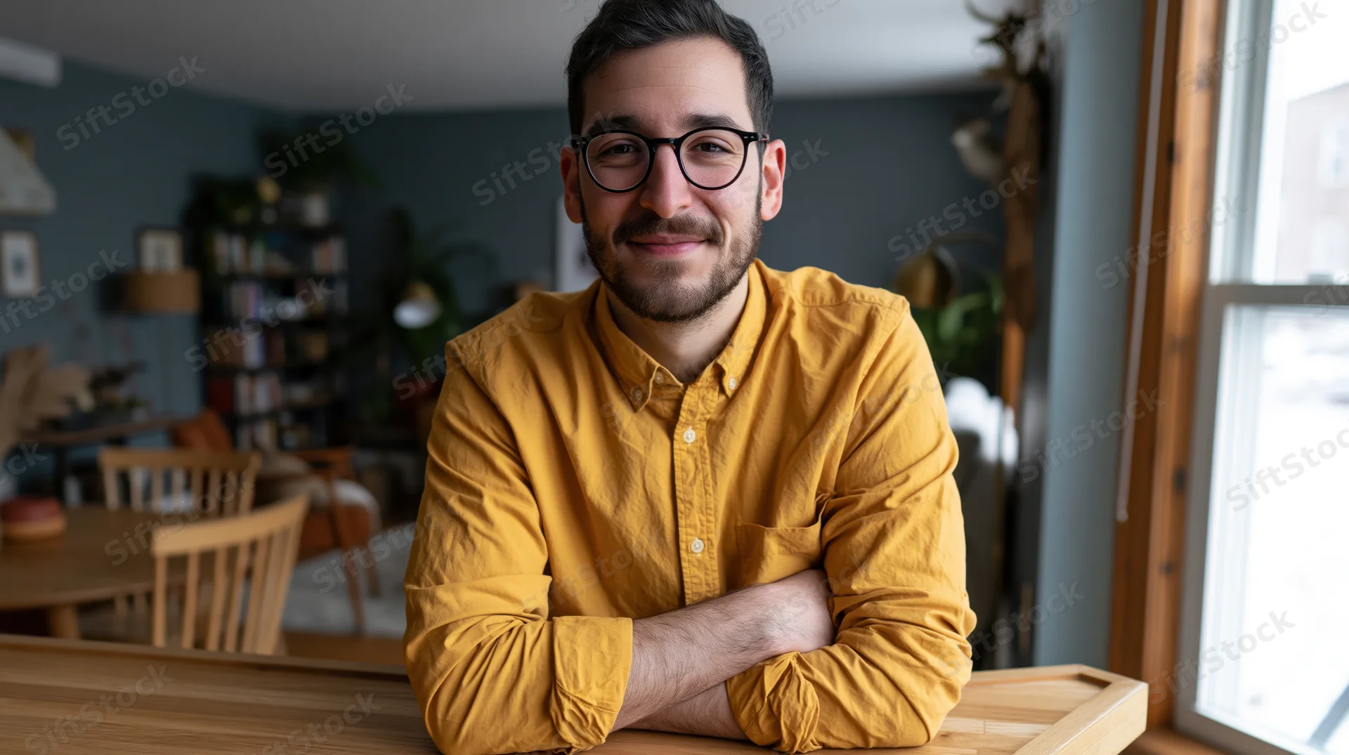 Smiling man with glasses and beard wearing yellow shirt, arms crossed on wooden table in home interior