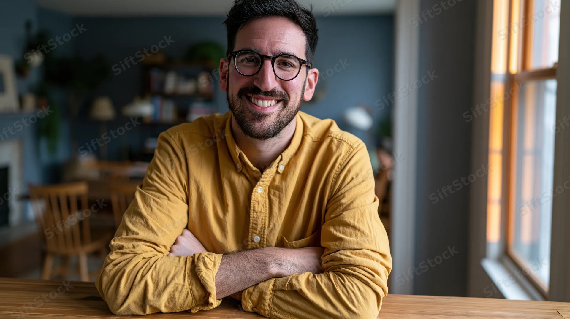 Smiling man with glasses and beard leaning on wooden table in home interior
