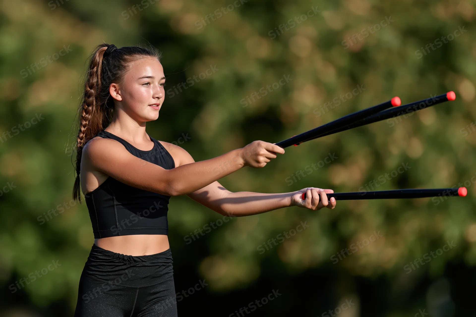 Young girl twirling batons outdoors in a park during daytime